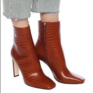 Jimmy Choo minori 85 croc embossed leather logo booties brown boots 35 NWT